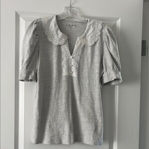 LOFT Light Gray Top with White Lace Detail